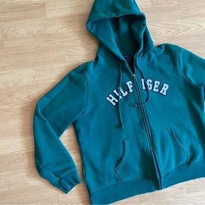 VTG 90s TOMMY HILFIGER ZIP HOODIE GREEN EMBROIDERED SWEATSHIRT XL